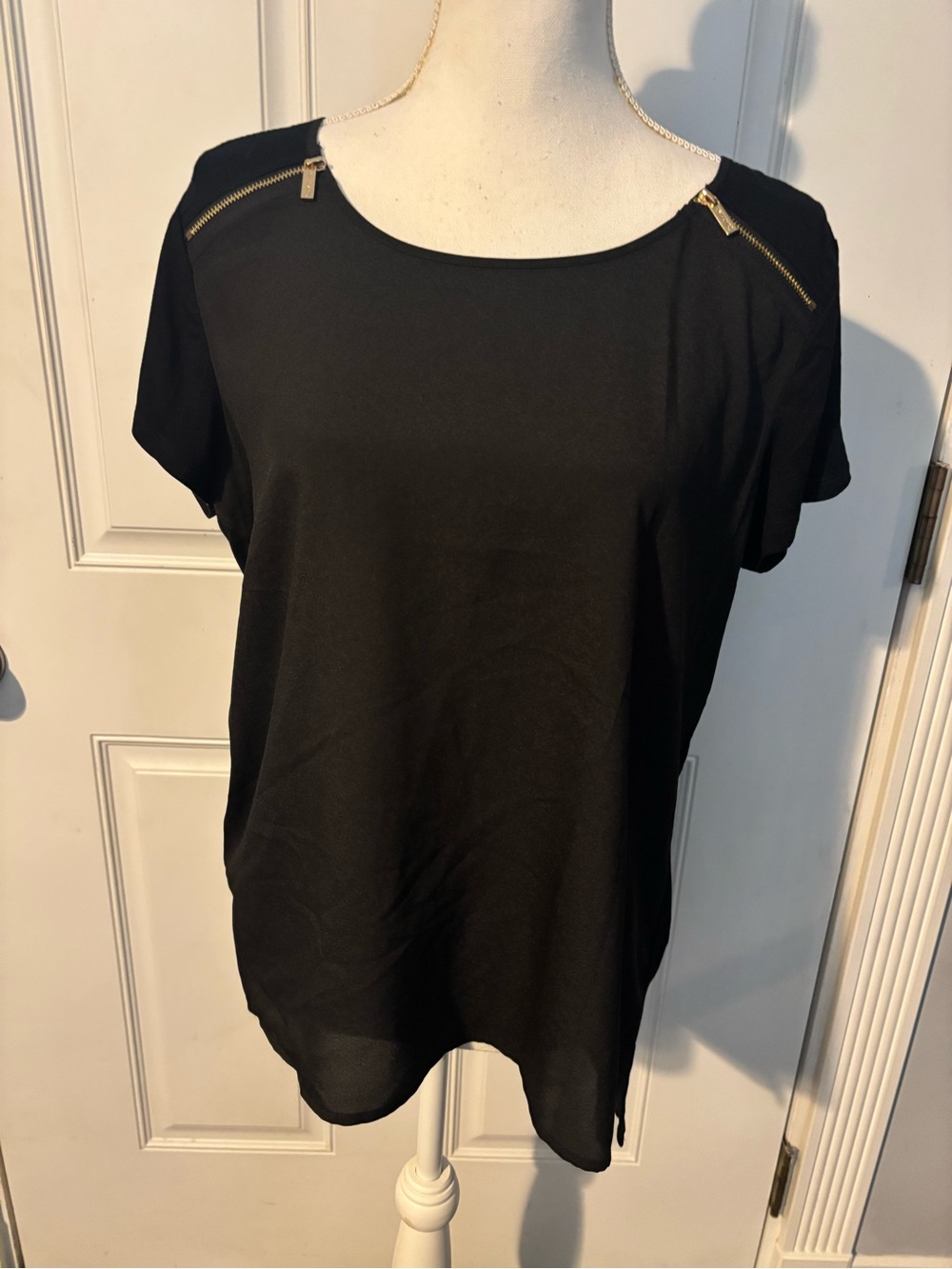Calvin Klein Black Short Sleeve Top with Gold Shoulder Zippers